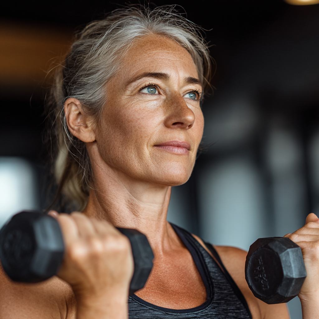 Mature woman in her 50s doing strength training with dumbbells in modern fitness center, focused and determined expression