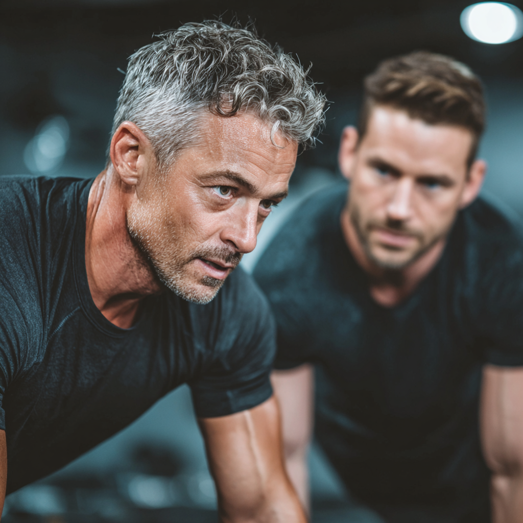 Personal trainer working with middle-aged man in his 40s doing functional exercises, professional gym environment